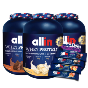 מבצע שלישייה ALLIN|אבקת חלבון WPC 2KG הכולל 3 יח+4 יח חטיפי allin מתנה!