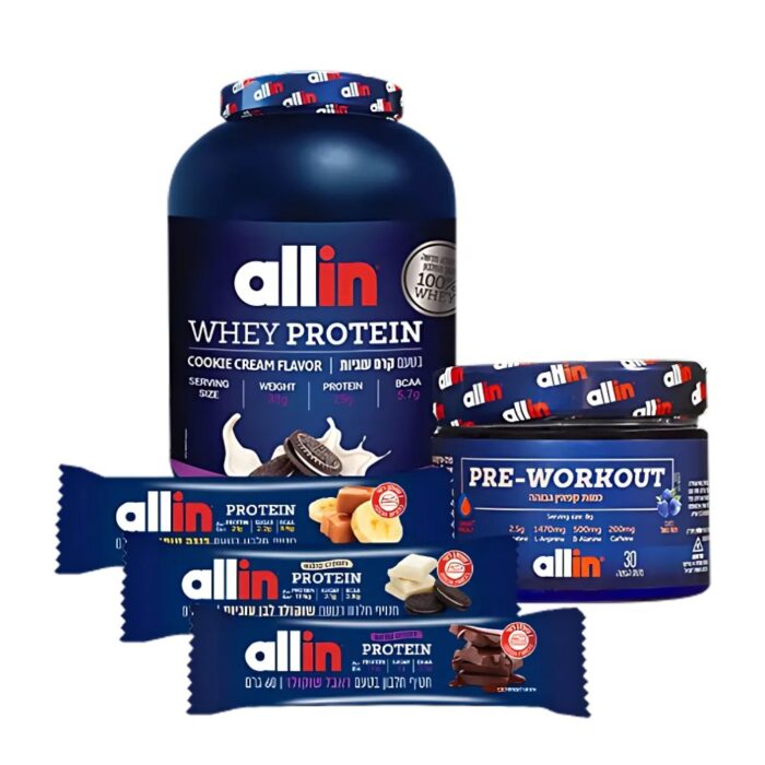 אבקת חלבון WHEY 2KG allin+קדם אימון 30 מנות+3 חטיפי חלבון allin