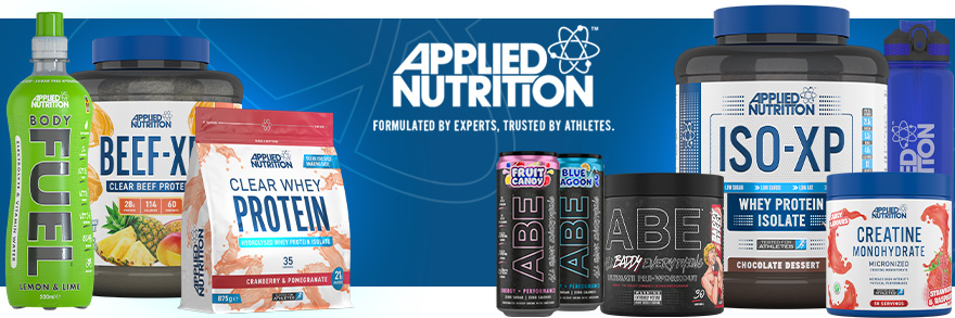 מוצרי אפלייד נוטרישן (Applied Nutrition) - אבקות חלבון, פרה-וורקאאוט ABE וחטיפי חלבון באיכות בריטית מעולה בצ'מפיון ספורט